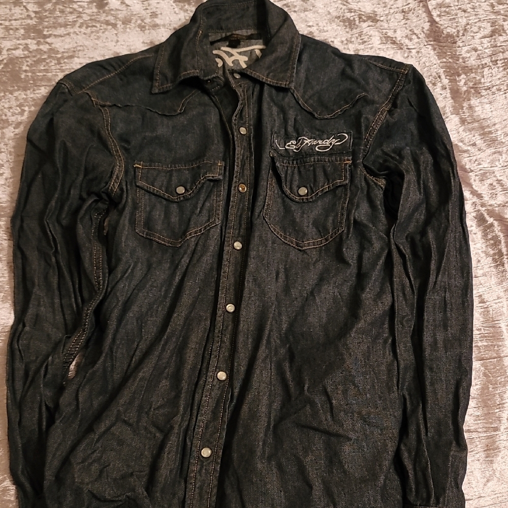 Rare Ed Hardy Men's Large Snap Pearl Dark Denim Shirt - Picture 2 of 10